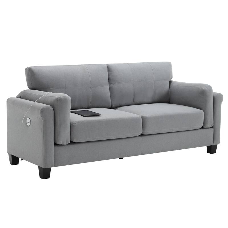 Modern 3-Seat Sofa Couch with USB Charging Ports, Button Tufted Linen Upholstered Sofa for Living Room, Home, or Office