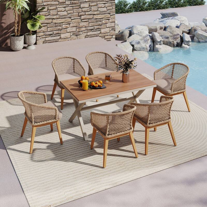 Outdoor 7-Piece Dining Set Chair with Rope-woven Backrest and Table