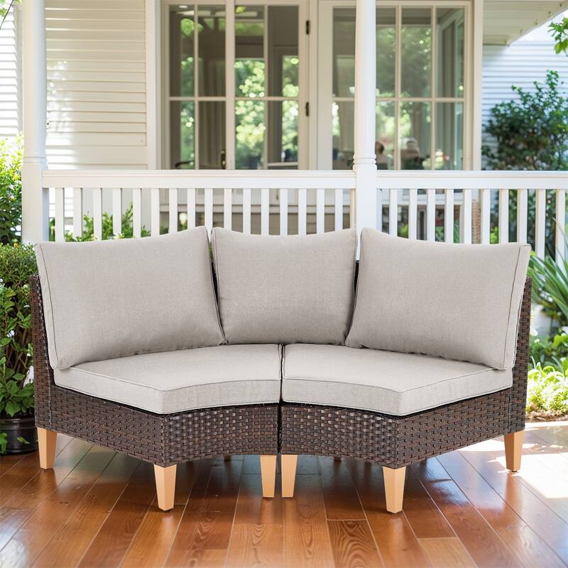 Patio Curved Sofa Set PE Rattan Sofa - Beige - Brown