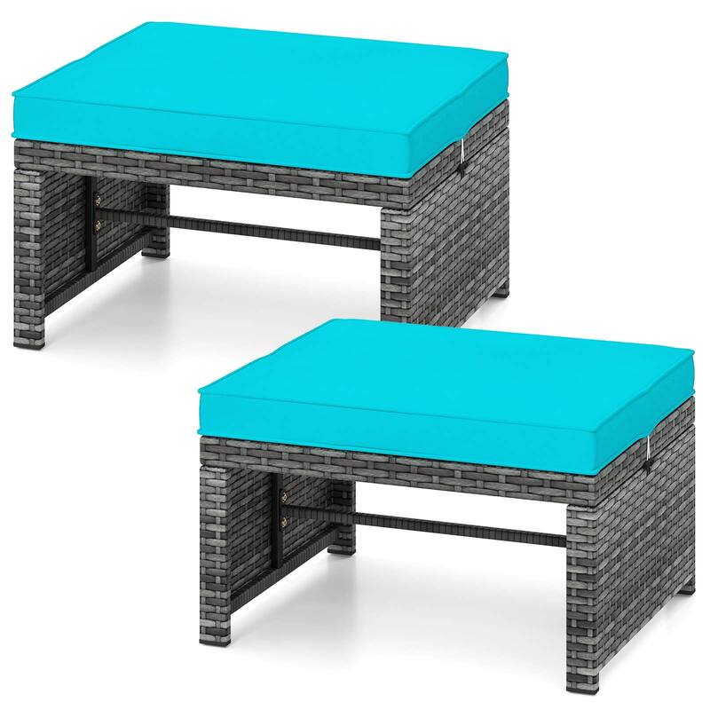 Costway Patio Ottomans Set of 2 PE Rattan Footstools with Removable - See Details - Turquoise