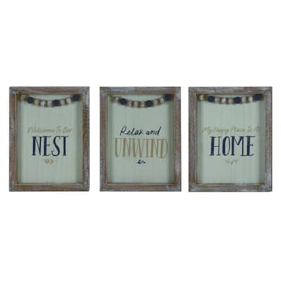 Transpac Wood Indigo Beaded Block Decor Set of 3 Spring Home Decorations