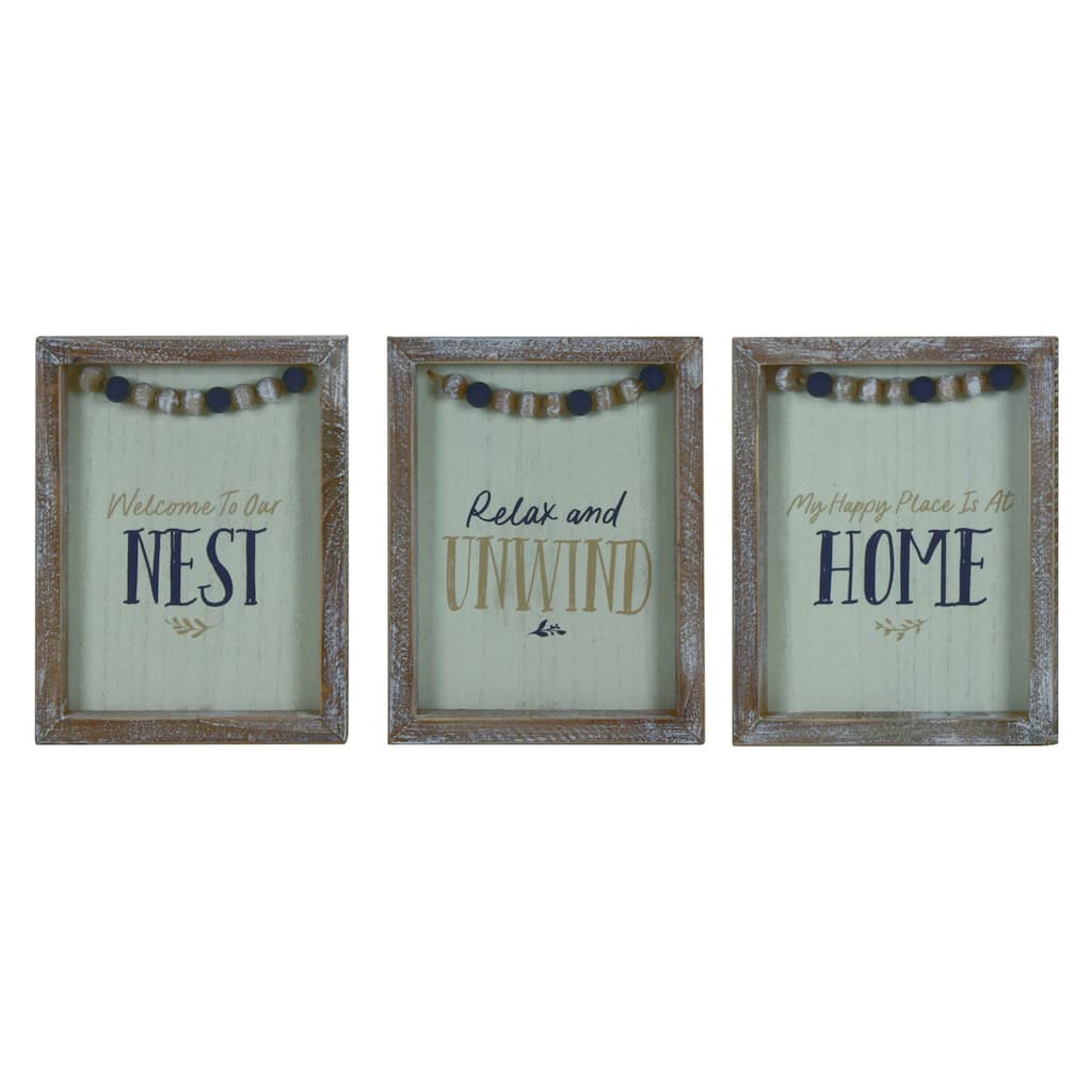 Transpac Wood Indigo Beaded Block Decor Set of 3 Spring Home Decorations