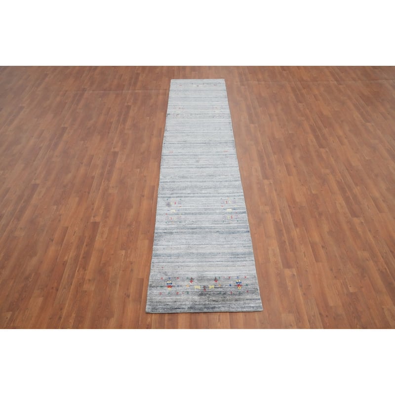 Hand Knotted Oriental Viscose Silk Carpet Tribal Animal Pictorial Greys & Charcoal Gabbeh Runner Rug - 11' 7'' X 2' 6''