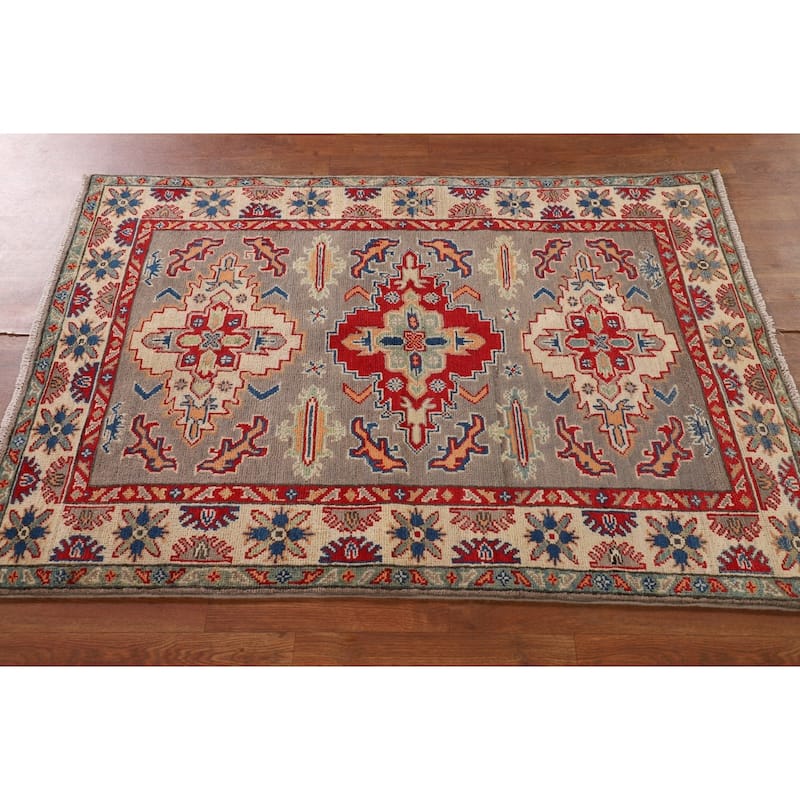 Geometric Grey Kazak Accent Rug Hand-Knotted Wool Carpet - 3'8"x 4'11"