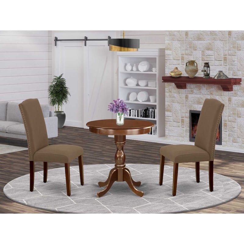 Round Dining Table Set with 2 Chairs, Modern Kitchen Table Set, Mahogany Finish, Parson Dining Chairs, Rustic Chic Design