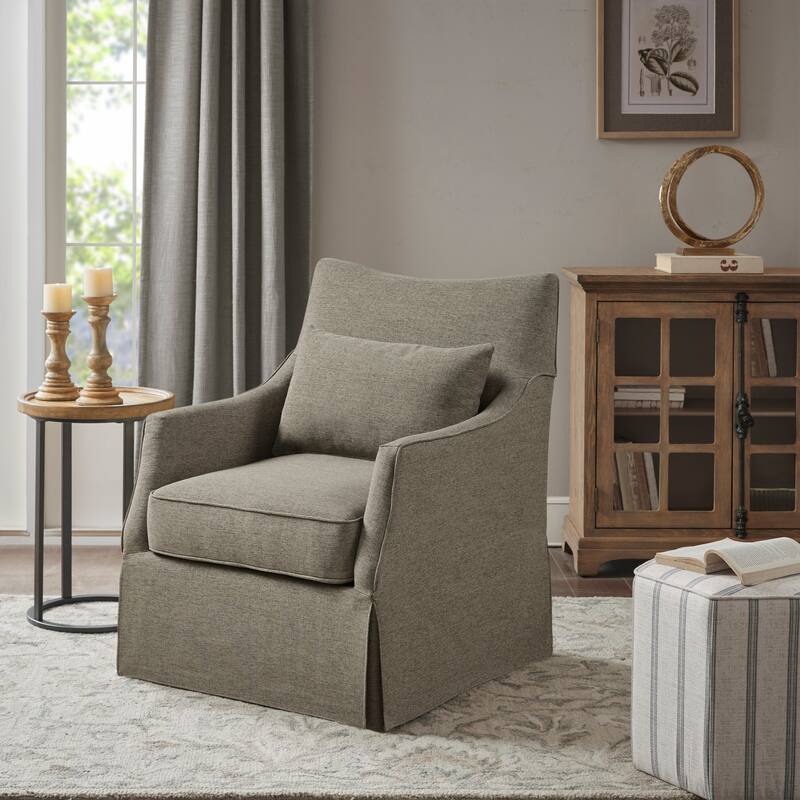Martha Stewart London Upholstered Skirted Swivel Armchair with Lumbar Pillow - Single - Tan Multi