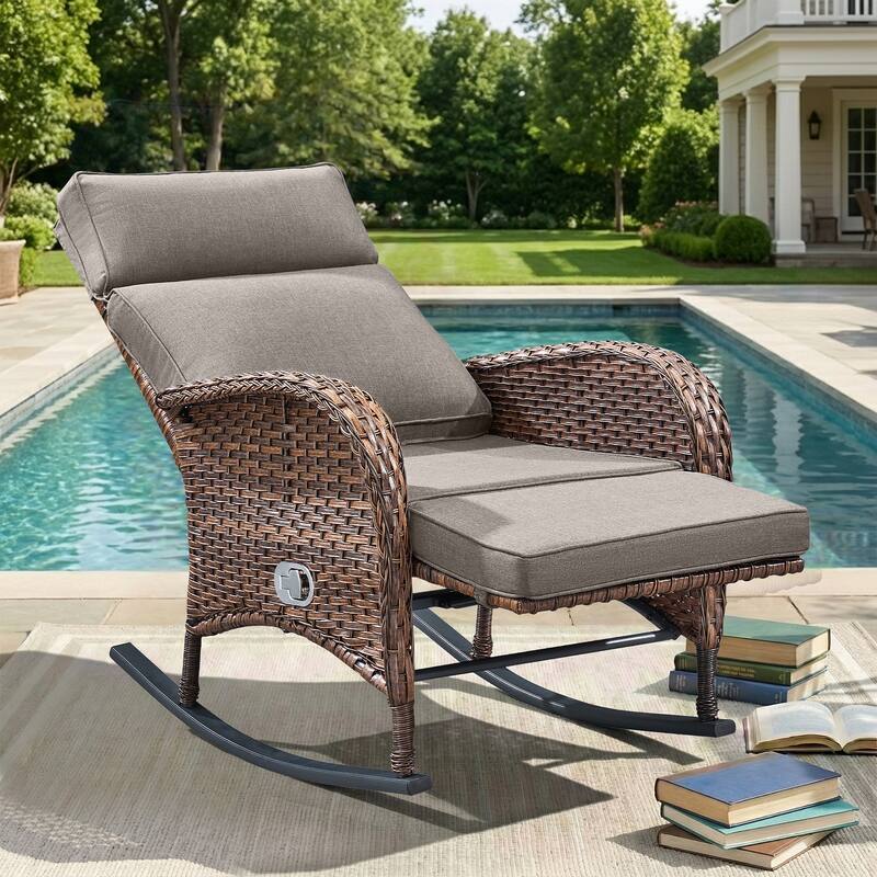 Pocassy Versatile Outdoor Recliner Rocker Chair with Thick Cushion - Brown Wicker with Gray Cushion - 1-Piece Rocker Recliner Chair