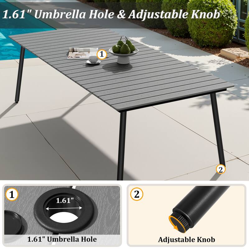 7-Piece Outdoor Patio Dining Set Wood-Like Table Top Alumium Umbrella Hole Table with Stackable Armless Chairs