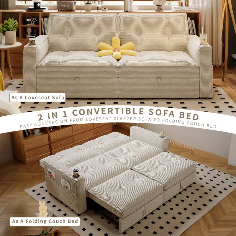 Multi-Functional Corduroy Loveseat Couch Convertible Sleeper Sofa Bed with Cup Holders and Side Pockets for Sitting, Sleeping