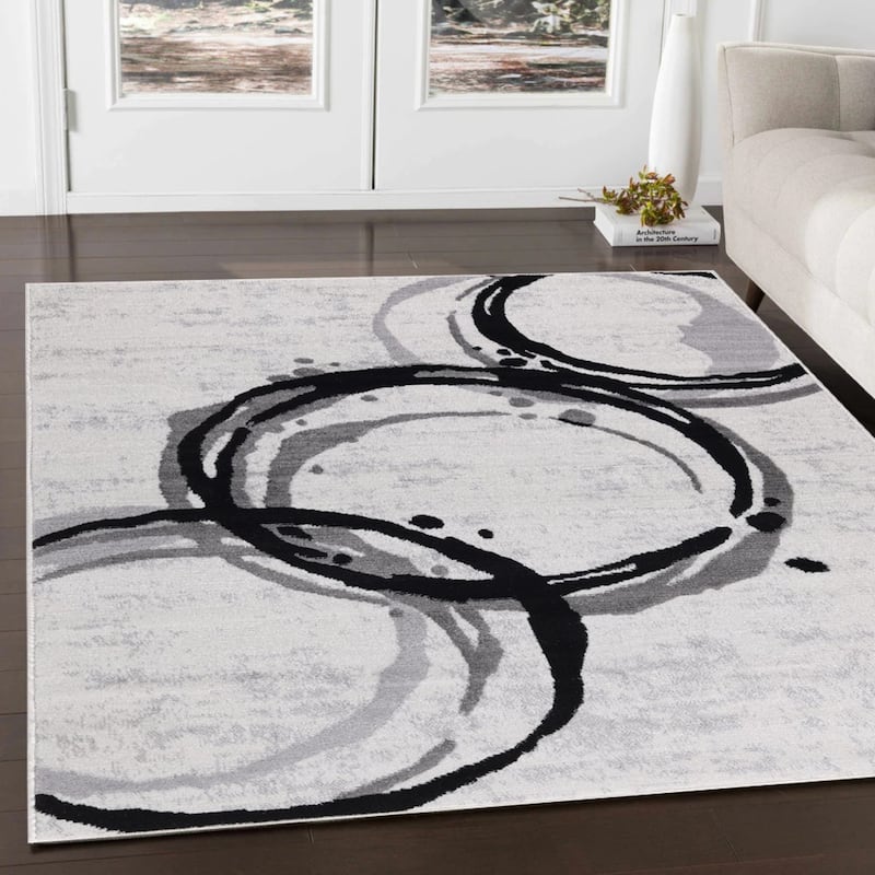 Dream Collection Abstract Circles Black and Grey Rug