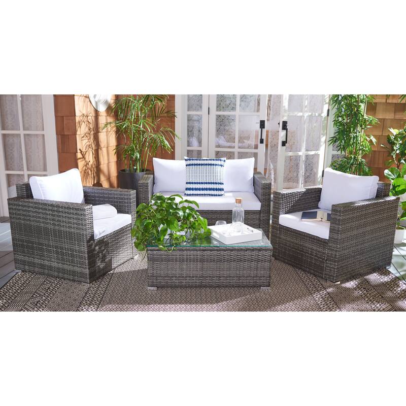 SAFAVIEH Outdoor Natalee Wicker 4-Piece Patio Set - 50W x 27D x 28H - Grey Brown/White