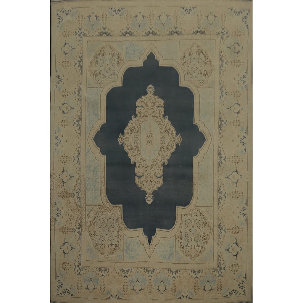 Hand Knotted Oriental 100% Wool Carpet Traditional Medallion Greys & Charcoal Kerman Area Rug - 12' 4'' X 9' 8''
