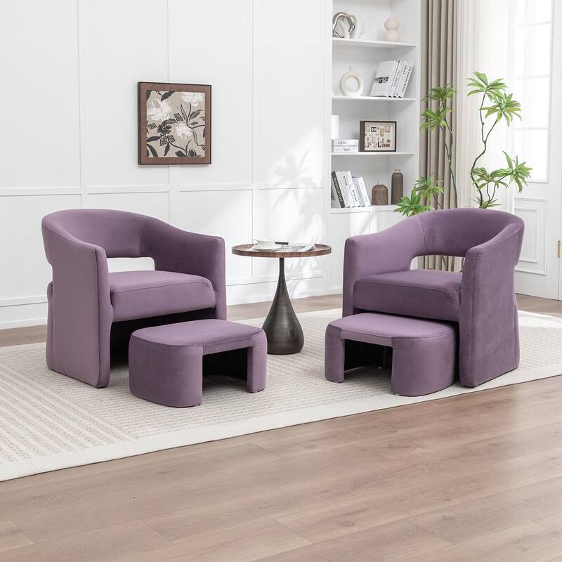 SEYNAR Modern Glam Velvet Accent Armchair Open Back with Ottoman Set of 2 - Purple