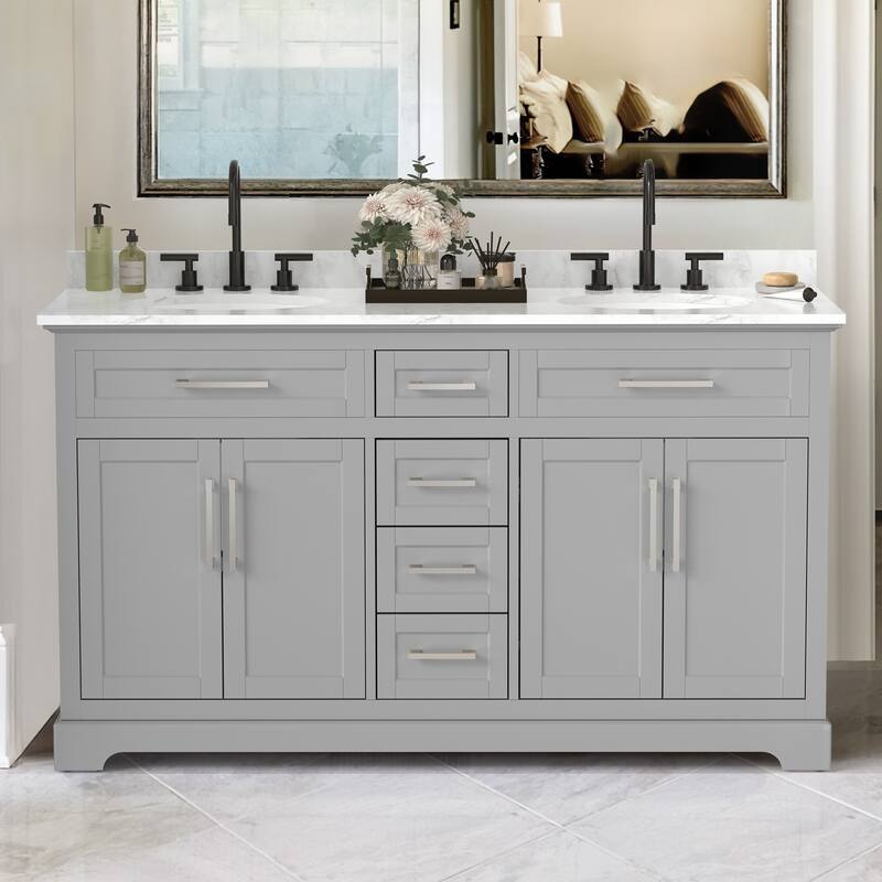 Bathroom Vanity with Marble Countertop without Mirror - 60 inch - Grey