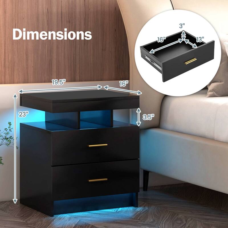 Costway LED Nightstand Set of 1/2 with 2 Storage Drawers Adjustable