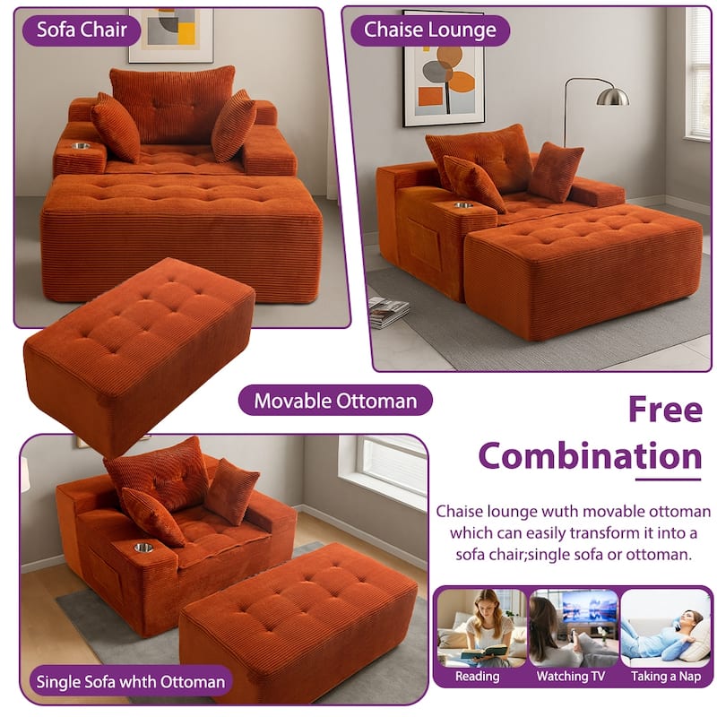 Corduroy Upholstered Memory Foam Sofa With Ottoman Upholstered Bean Bag Couch - 48.4"Lx67.7"Wx24.4"H