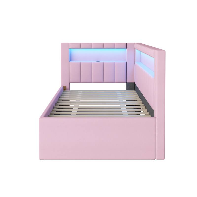 Platform Bed Linen Upholstered Daybed with L-shaped Headboard USB Ports and Light for Night's Sleep, Choose 2 Drawer or Trundle