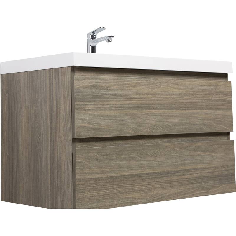 Modern Wall-Mounted Bathroom Vanity with White Solid Surface Top