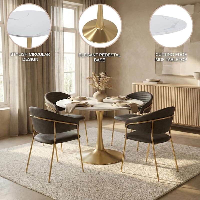 Bristol 40" Modern Round Dining Table with Accent Gold Steel Pedestal Base, Scratch-Resistant and Easy-Care