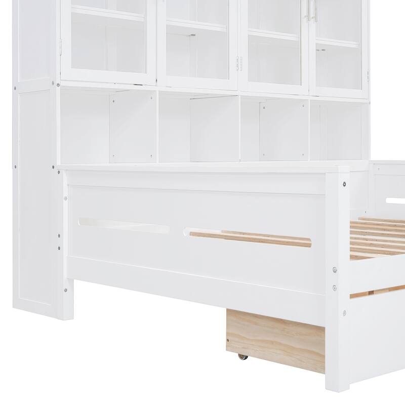 Full Size Solid Wood Storage Bed Frame with 2 Big Drawers Full Size Daybed with Glass-Door Storage Cabinets