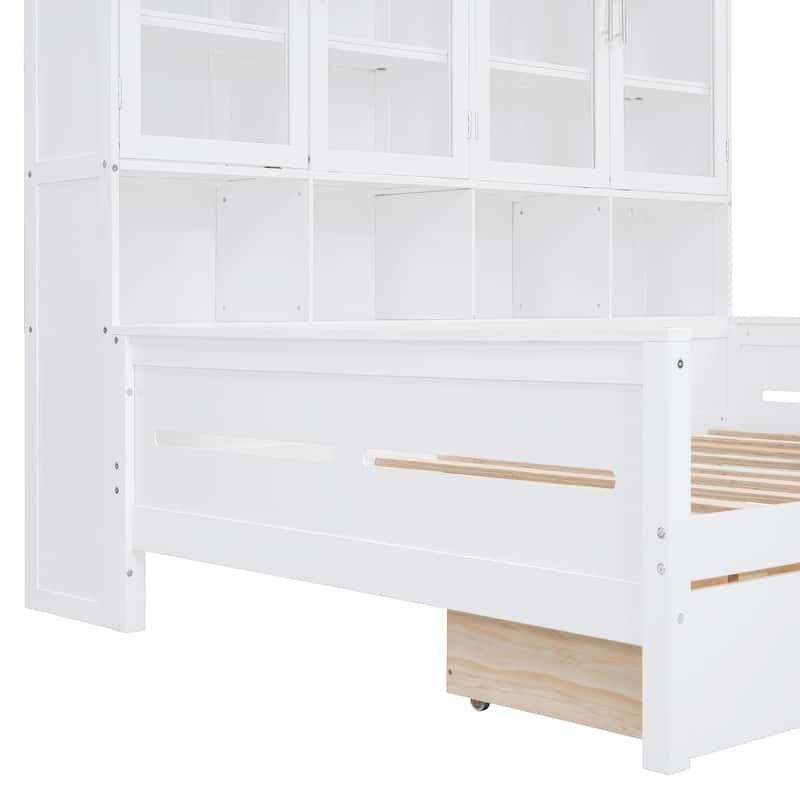 Full Size Wooden Daybed with Glass-Door LED Cabinet & Shelves - 600LB Capacity