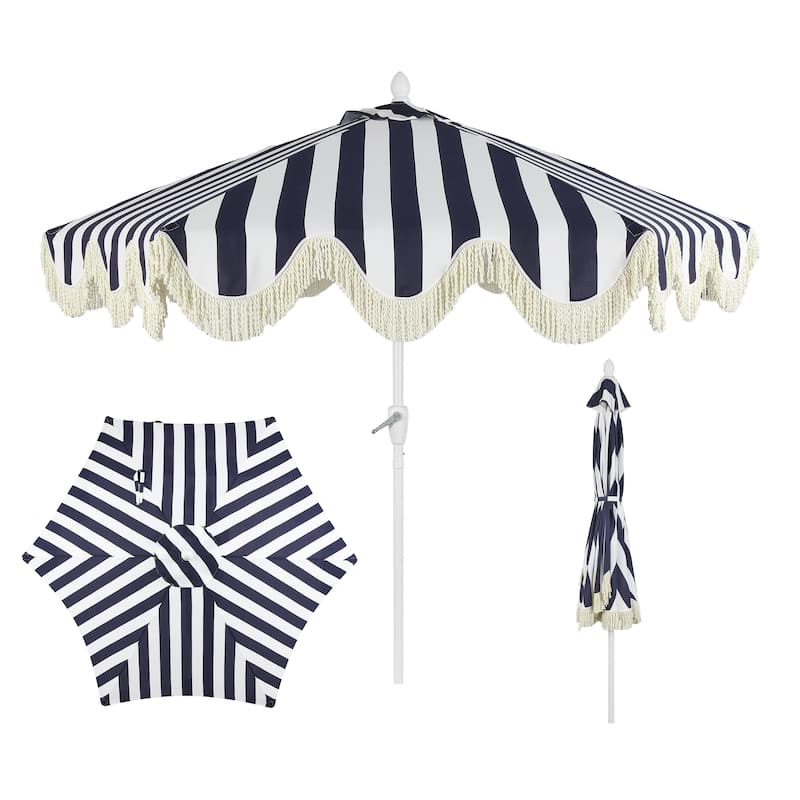 9ft Tassel Patio Umbrella Auto-Tilt, Crank , by JONATHAN Y