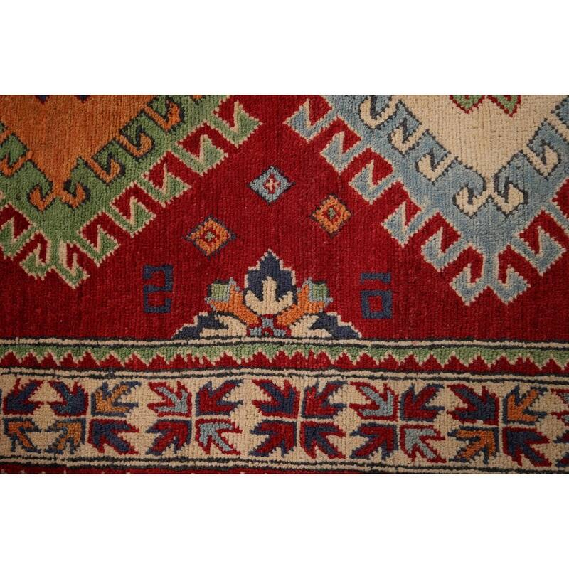 Red Geometric Kazak Foyer Rug Handmade Traditional Wool Carpet - 3'4" x 4'10"