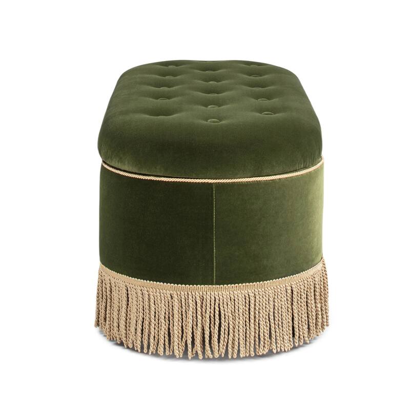 Melinda 48.5" Upholstered Tufted Oval Storage Bench with Bullion Fringe