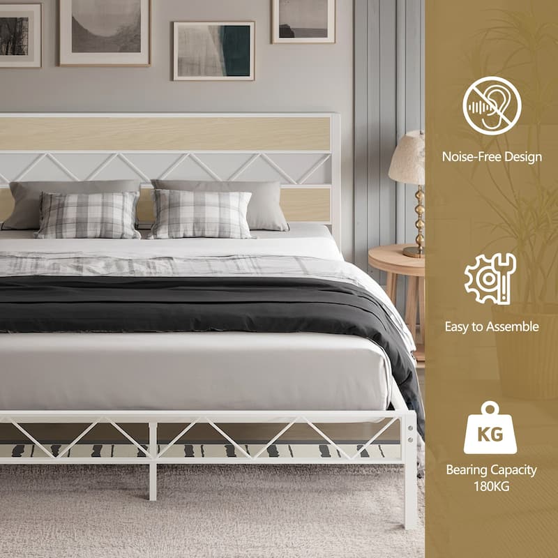VECELO Vintage Metal Platform Bed Frame with Wood Headboard, Storage Bed, Noise-Free, No Box Spring Needed, Twin/Full/Queen Size