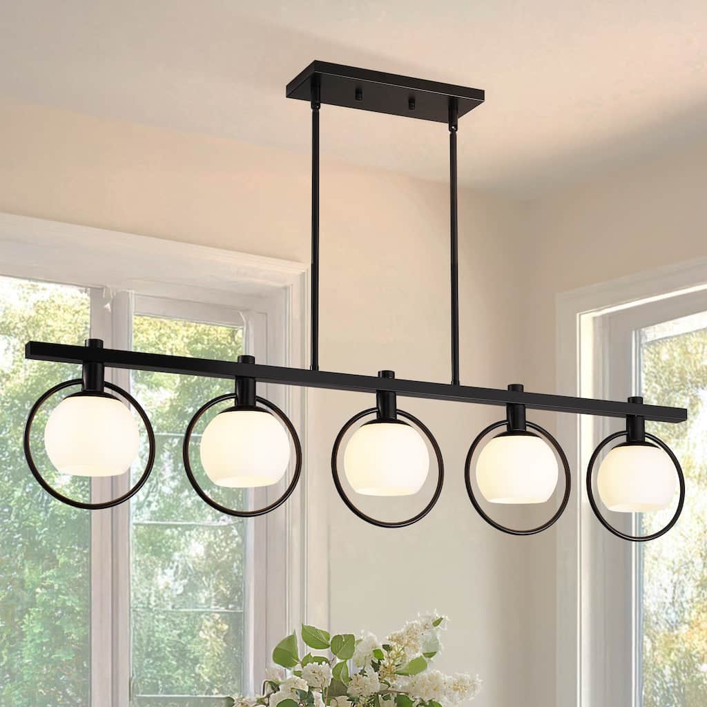 41 Inch Chandelier Light Fixture with Milk Glass Shade -- 5-light