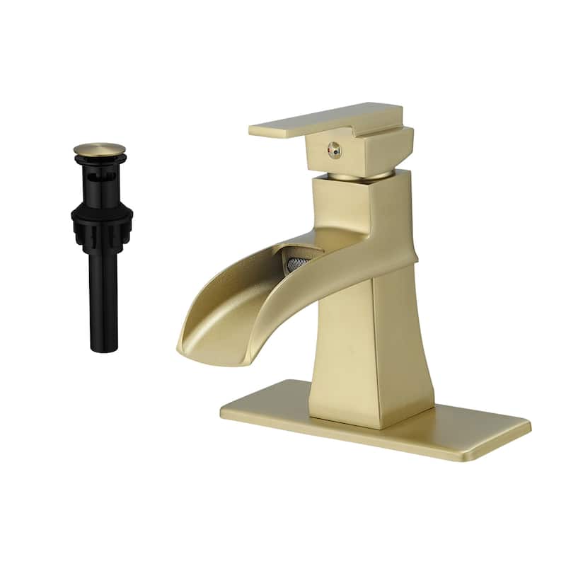 Single Hole Waterfall Bathroom Faucet with Pop-up Drain Brass 1 Handle Modern Bathroom Sink Basin Taps with Deck Plate - Brushed Gold