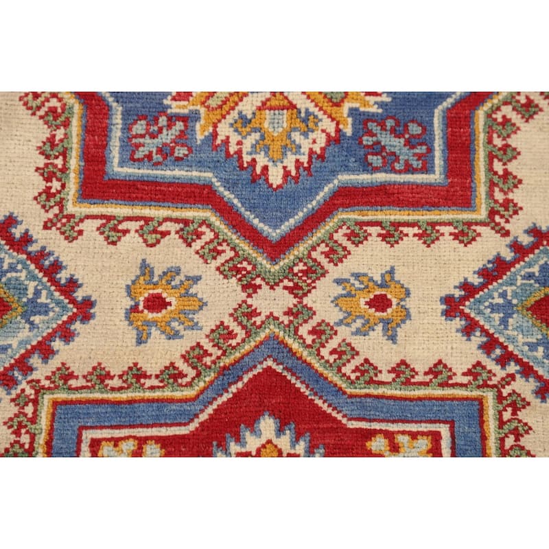 Geometric Kazak Oriental Area Rug Hand-Knotted Beige Wool Carpet - 4'11" x 6'4"