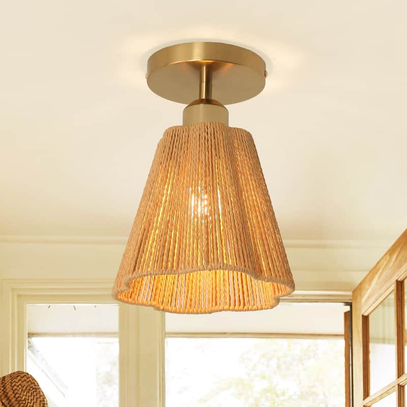 1-Light Brown Paper Rope Boho Semi-Flush Mount Ceiling Light