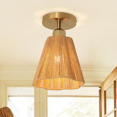 1-Light Brown Paper Rope Boho Semi-Flush Mount Ceiling Light