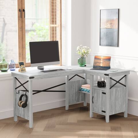 L-Shaped Computer Desk with Storage Cabinet, 60 x 42 Inch Convertible Corner Home Office Table