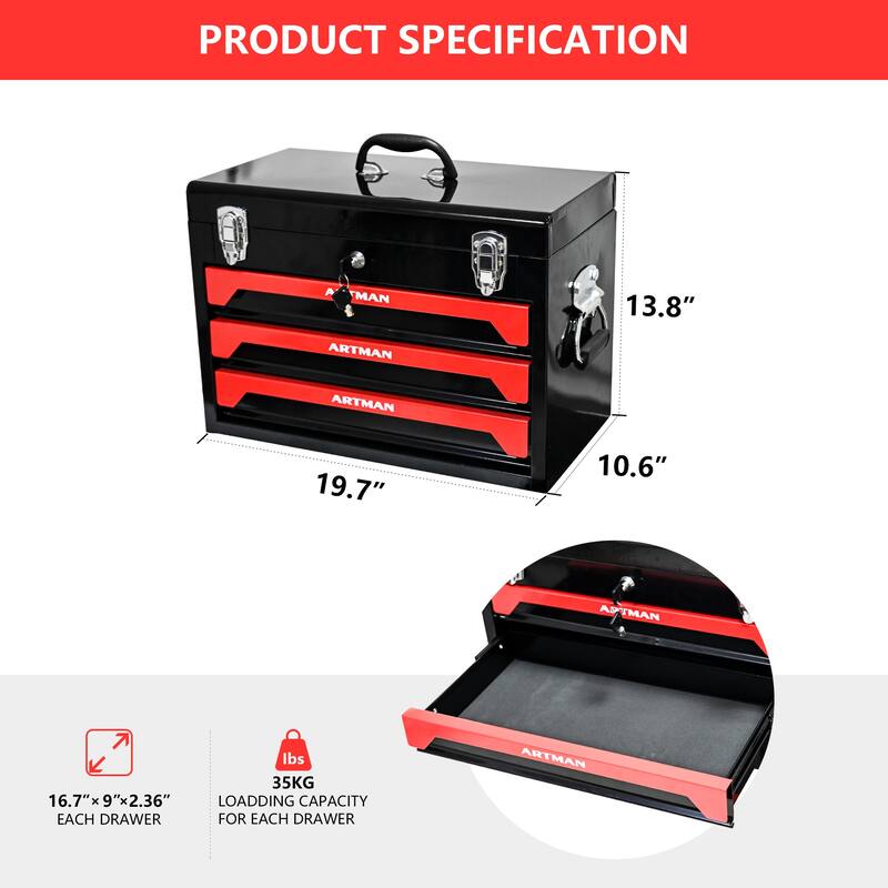 High Wear Resistance 3 Drawers Tool Box Storage Space