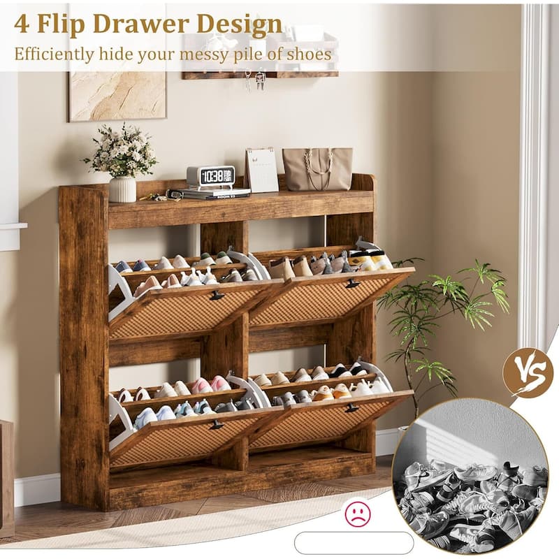 Freestanding Shoe Organizer Storage Cabinet with 4 Flip Drawers for Entryway, Hallway