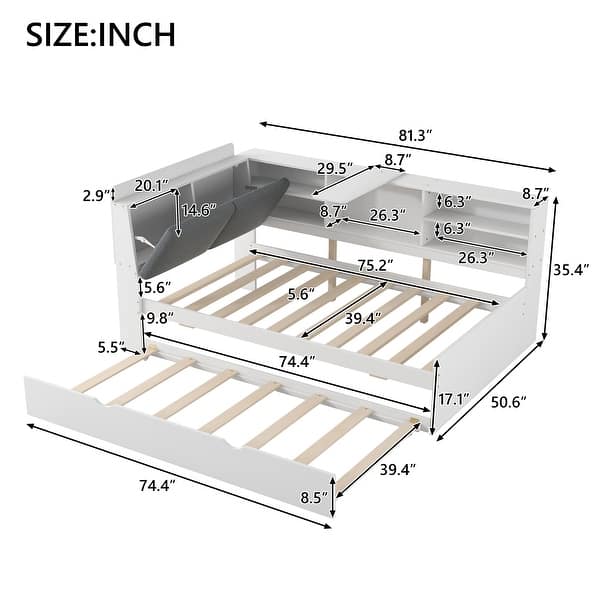 dimension image slide 1 of 2, Twin Size Wood Platform Bed with Trundle, Shelves and Storage Headboard, White