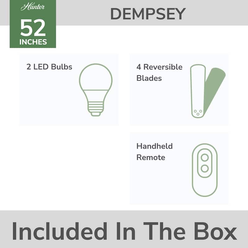 Hunter 52" Dempsey Flush Mount Ceiling Fan w/ LED Light Kit, Handheld Remote - Contemporary, Transitional - Low Profile