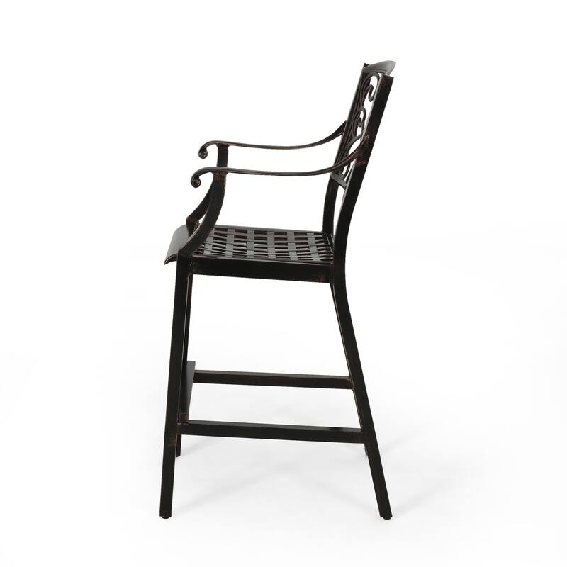 Roomfitters 2-Piece Outdoor Metal Bar Stools, Cast Aluminum Patio Dining Chairs with Ornate Scrollwork Backrest, Copper