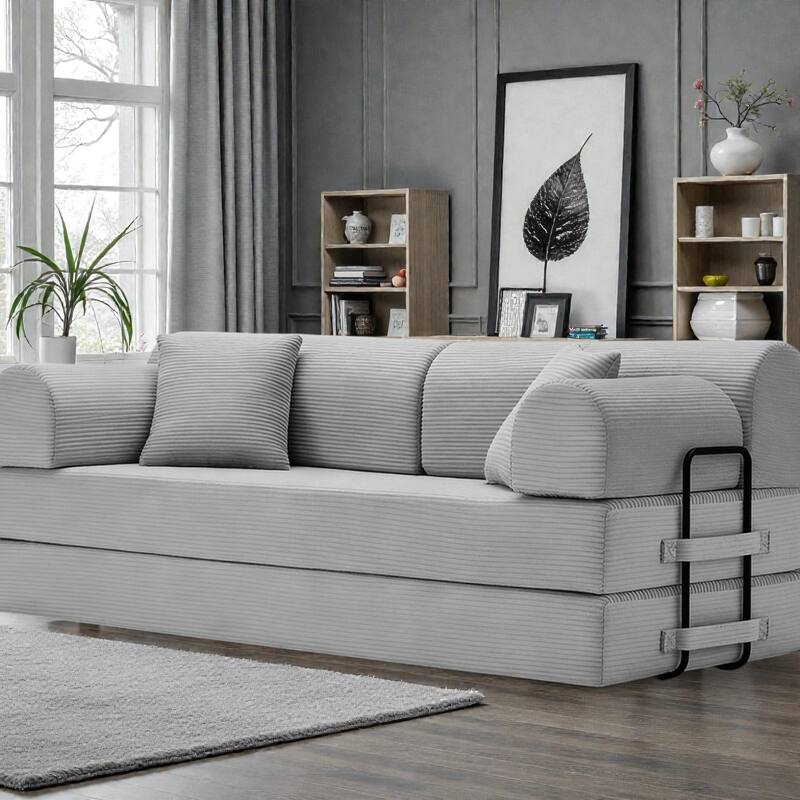 Convertible Sleeper Sofa Bed, 4-in-1 Corduroy Folding Floor Couch with Cylindrical Pillow, 2-Seat Space-Saving Lounge Sofa