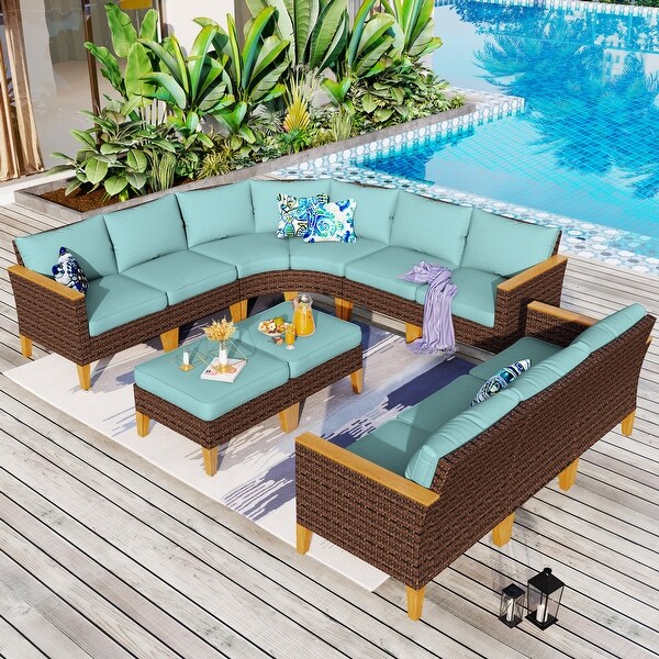 12 Seat Outdoor Wicker Half Round Furniture Set Half Moon Sectional Sofa All Weather Curved Conversation Set