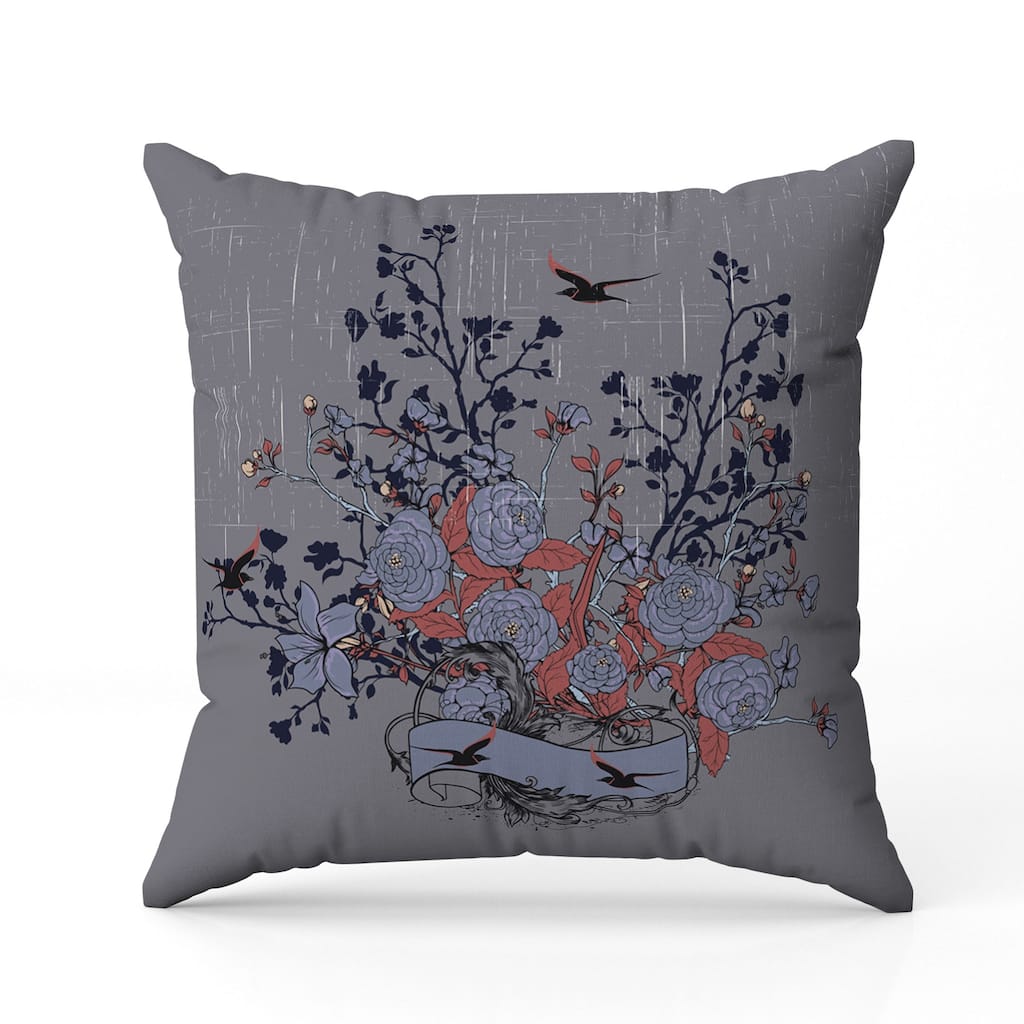 Elegant Floral Bouquet Faux Suede Reversible Throw Pillow Gray and Blue