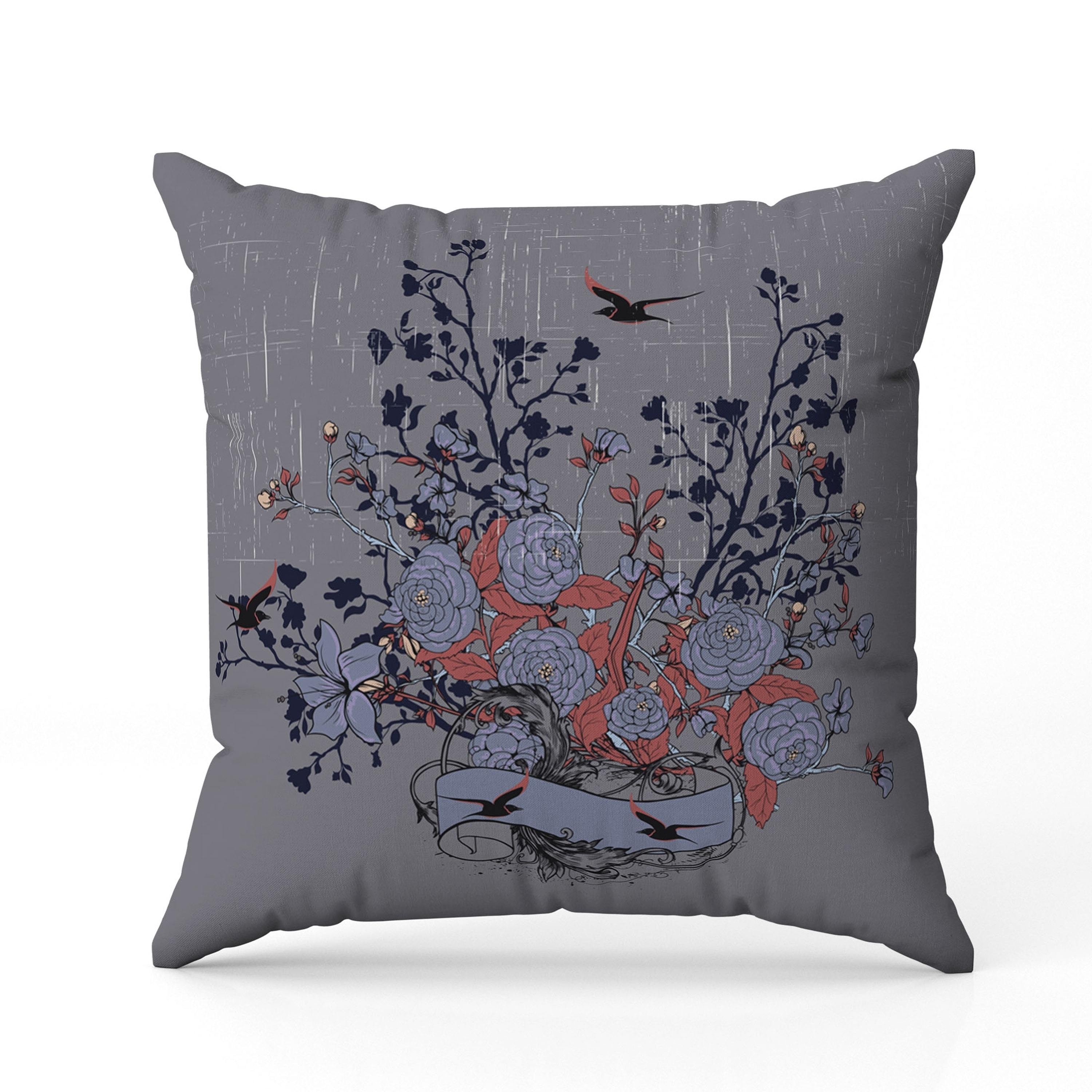 Elegant Floral Bouquet Indoor/Outdoor Reversible Throw Pillow Gray and Blue