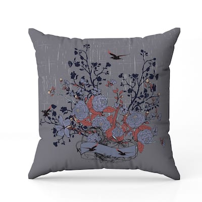Elegant Floral Bouquet Indoor/Outdoor Reversible Throw Pillow Gray and Blue