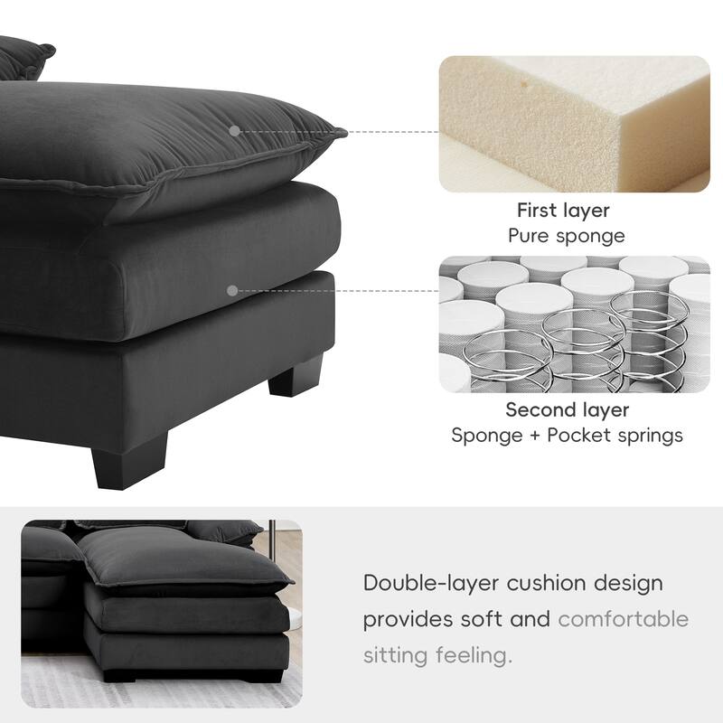 Modular U-shaped Sectional Sofa with 4 Waist Pillows, 6-Seat Upholstered Sofa with Chaise Lounge, Oversized Velvet Cloud Sofa