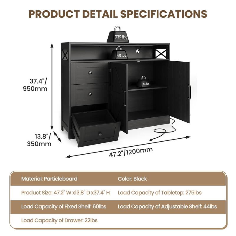 47inch Farmhouse Buffet Sideboard Cabinet, Wood Cupboard Storage Pantry Cabinet with Drawers, Coffee Bar Station Table