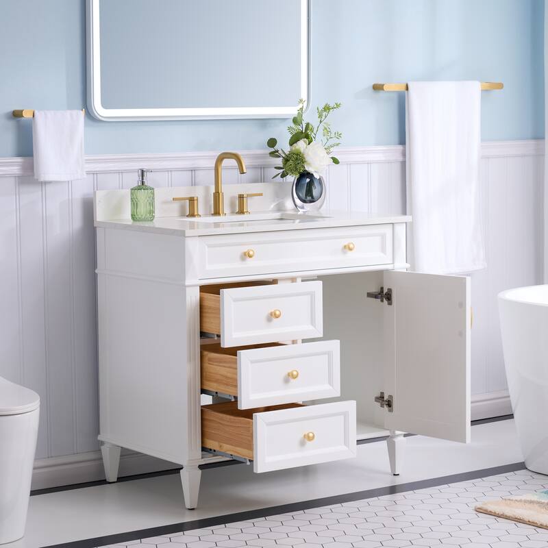 35''H Solid Wood Bath Vanity With Carrera White Quartz Top and Sink
