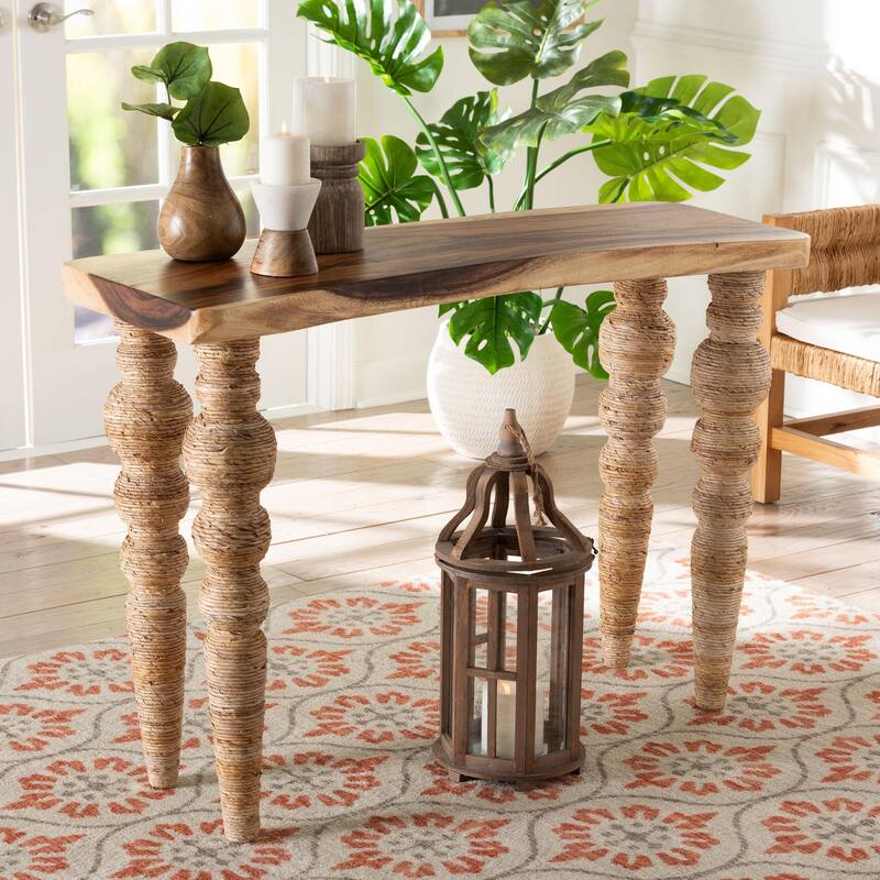 Nasnan Teak Wood Console Table with Seagrass and Bobbin Legs - Sculptural Narrow Entryway Table with Hand-wrapped Turned Legs