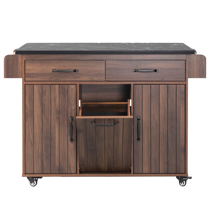 Rolling Kitchen Island with Trash Can Storage Cabinet, Kitchen Cart with Drop Leaf, Spice Rack, Towel Rack and Drawer
